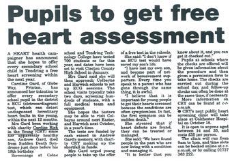 Pupils To Get Free Heart Assessment - Cardiac Risk In The Young